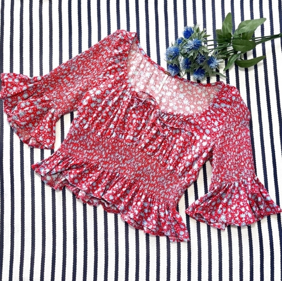 Free People Red and Blue Cottagecore Crop Top - Picture 5 of 7